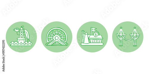 Four circular icons representing different aspects of environmental sustainability and energy.
