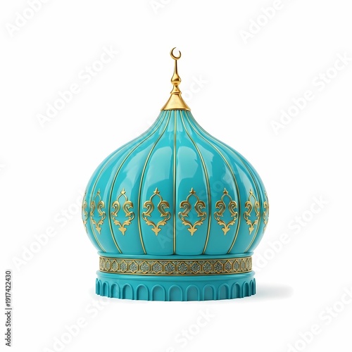 Ornate Teal Dome With Golden Accents And Crescent Moon Symbol On White Background