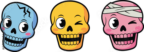Colorful cartoon skull vector icon set, cute spooky characters with bandage and wink for Halloween design