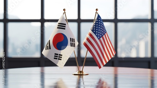 Plakat w ramie South Korean and American flags on table in modern office