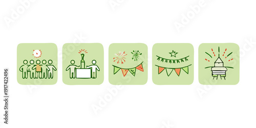 Illustrations of a wedding ceremony, cake, decorations, and celebration