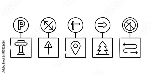 A collection of various road signs and symbols for navigation and information