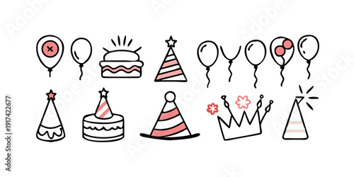 A delightful assortment of party items including cakes, hats, and balloons.
