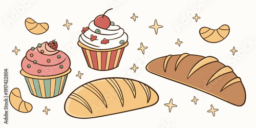 Assorted baked goods including cupcakes, bread, and pastries on a table