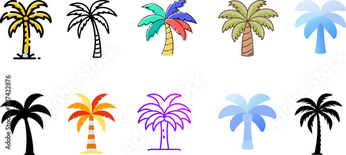 A colorful array of palm trees showcasing various designs and styles isolated on white background