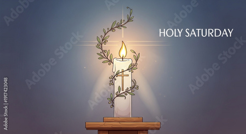 Holy saturday candle with olive branch on wooden stand lit with cross background