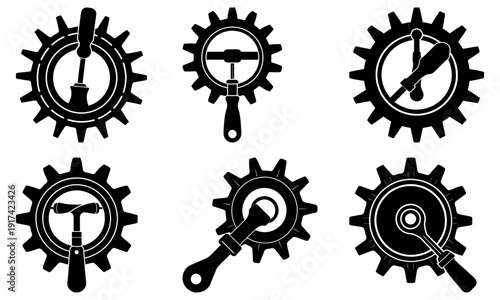 Set of industrial gears with tools for mechanical engineering and manufacturing
