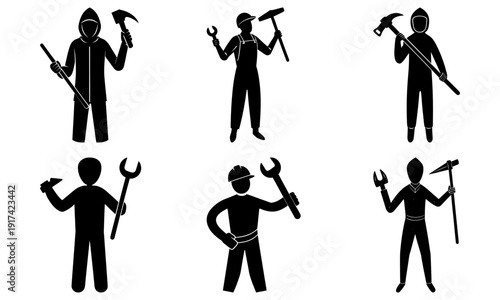 Silhouettes of skilled workers with various hand tools