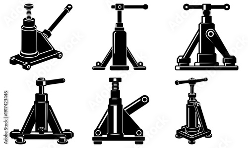 Set of car jack stands in various positions for lifting vehicles safely