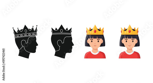 Collection of male and female royalty icons featuring black silhouette and color cartoon crown illustrations