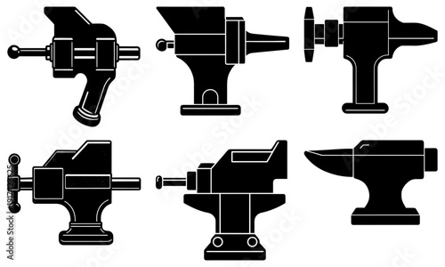 Black silhouettes of various metalworking vices and anvils