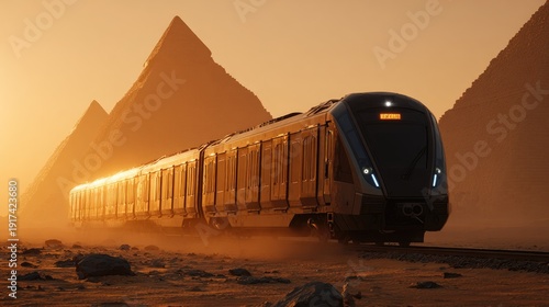 Desert Journey – Sleek Train with Dust Trails and Iconic Egyptian Pyramids

