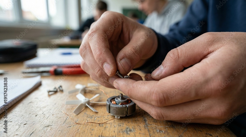 Fototapeta premium Close-up of skilled hands assembling small drone in workshop setting with various tools scattered around