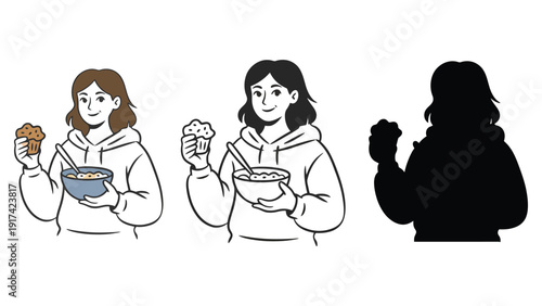 A person holds a bowl of cereal and a muffin, depicted in three styles.