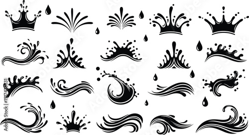 Abstract Water Splash and Wave Silhouette Collection with Liquid Drops Flowing Shapes Vector Illustration Set for Design