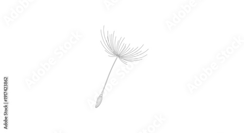 Minimalist black and white line art drawing of a single floating dandelion seed parachuting through the air