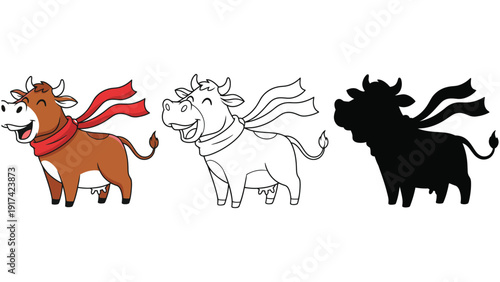 A cartoon cow is depicted in three different styles: colored, outline, and silhouette.