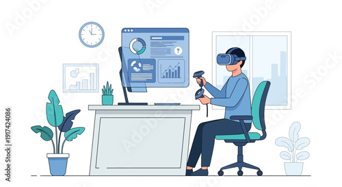 Virtual Reality Data Analysis Workspace Illustration