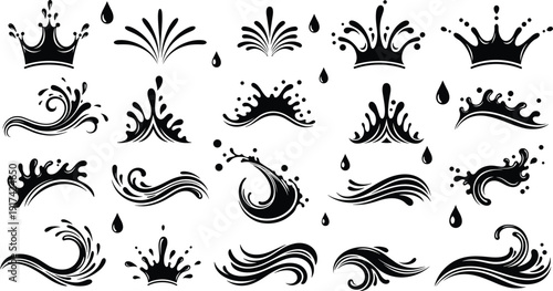 Water Splash and Wave Silhouette Icon Set Featuring Liquid Drops and Abstract Flow Shapes Vector Illustration Collection