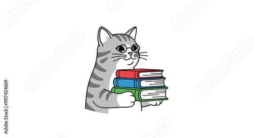 A gray tabby cat holding books.
