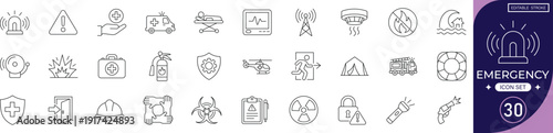 emergency icon set  first aid, medical, ambulance, rescue, safety, fire, help, siren, accident, hospital; editable line icons, vector illustration for health and security.