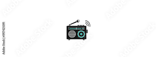 A vintage portable radio with antenna sits on a table, broadcasting music with clear sound waves, in a close-up, front view, daytime setting