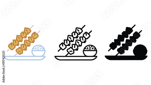 Skewer vector icons of food on plate with bowl of rice