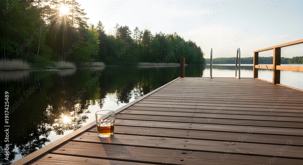 Naklejka premium A wooden dock on a lake with trees in the background
