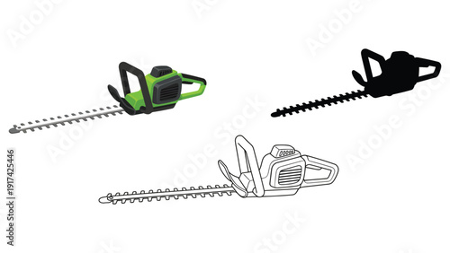 Hedge trimmer icon set including green and black silhouette illustrations