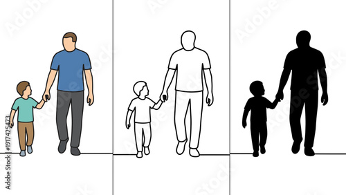 A father and son walk hand in hand, depicted in three different styles.