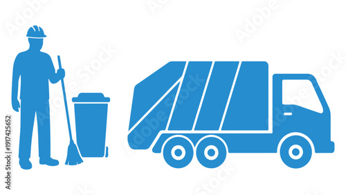 A sanitation worker stands with a broom and trash bin next to a garbage truck.