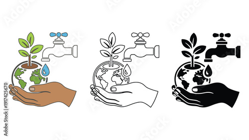 A hand holds the Earth with a plant growing from it, receiving water from a faucet.