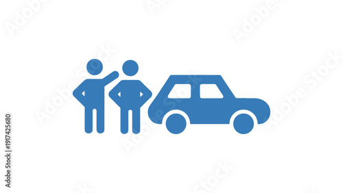 Two people stand next to a car, indicating a journey or transport.