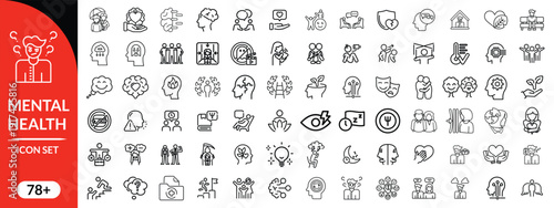 Mental health icon set. Containing depression, bipolar, PTSD, panic and mind disorder icons. Psychology solid symbol vector illustration