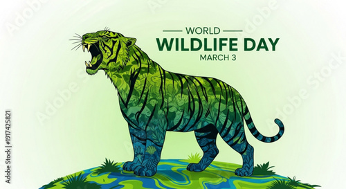 Green tiger standing on globe with grass symbolizing world wildlife day on march 3 conservation concept