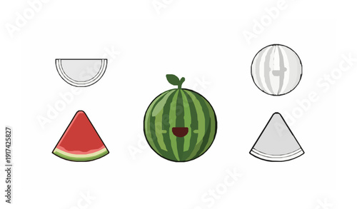 Cute cartoon watermelon flat vector illustration fruit character set