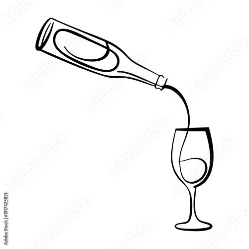 Dibujo sencillo con línea continua de una botella sirviendo cerveza en una copa