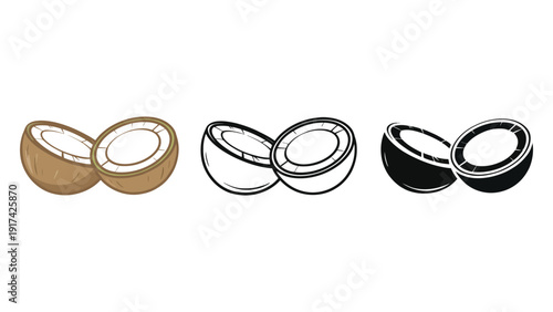 Coconut icon illustration set with brown, line, and black silhouettes