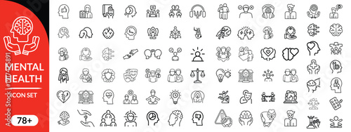Mental health icon set. Containing depression, bipolar, PTSD, panic and mind disorder icons. Psychology solid symbol vector illustration
