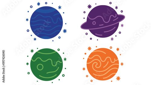 Planet vector illustration set with colorful cartoon style planets and stars