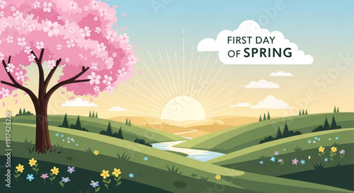 Vibrant spring landscape with blooming cherry blossom tree sunny sky and colorful flowers on rolling hills celebrating the first day of spring