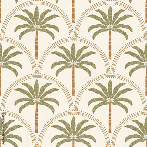 Vintage palm tree seamless pattern with arch motifs on beige. Ideal for boho, tropical decor, wallpaper, and fabric design.