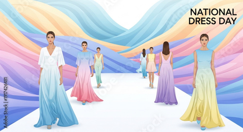 Women in colorful dresses celebrating national dress day on a vibrant runway with flowing fabrics