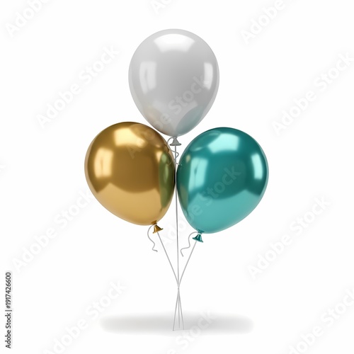 Three Shiny Balloons Gold White Teal Grouped Together Isolated On White