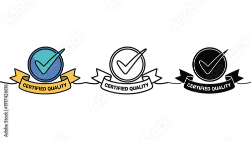 Three certified quality checkmarks with ribbons are displayed on a white background.