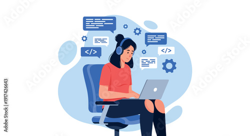 Young woman programmer working on laptop with headphones on.