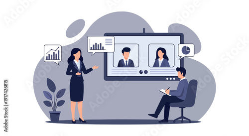 Business meeting with remote participants via video conference.