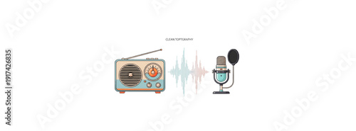 Broadcasting equipment including microphone and radio on white