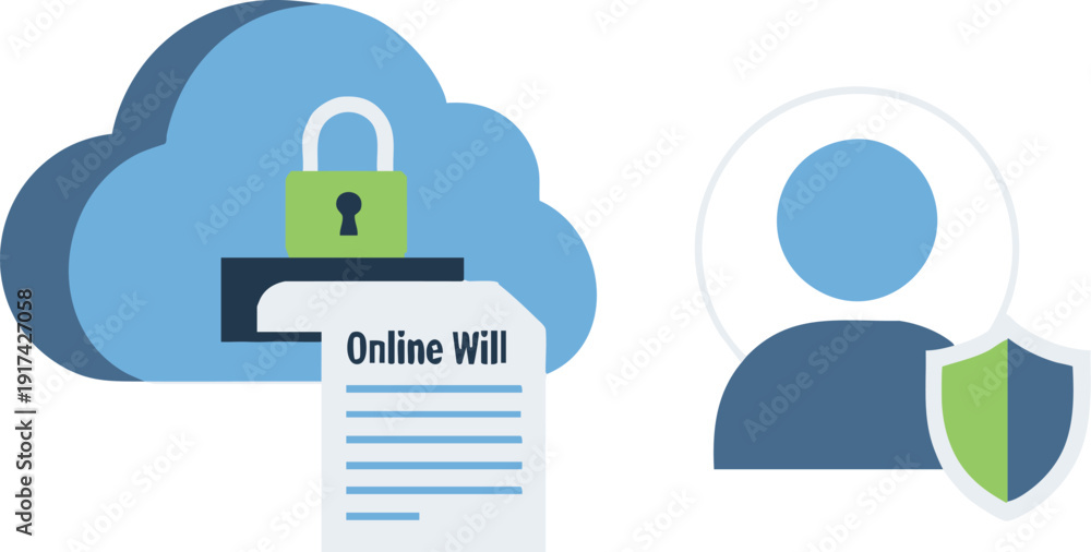 Obraz premium Modern flat illustration of online will document with cloud security, padlock, and shield icon. Concept of digital estate planning, data privacy, cybersecurity, and legal tech protection.