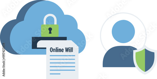 Modern flat illustration of online will document with cloud security, padlock, and shield icon. Concept of digital estate planning, data privacy, cybersecurity, and legal tech protection.